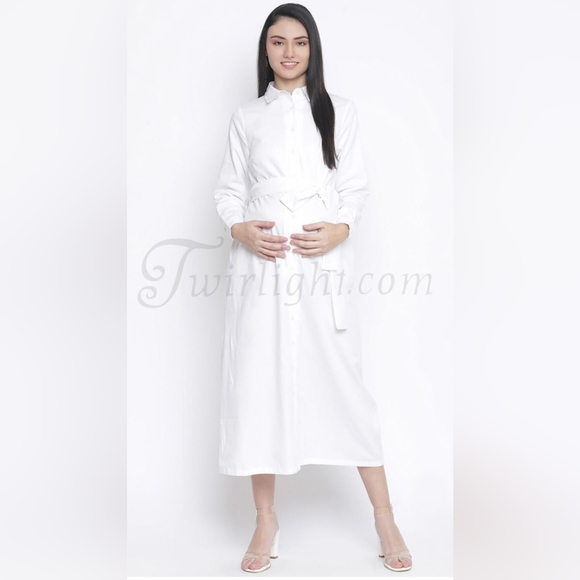 Bianca: Long White Cotton Maternity Dress - Picture 2 of 4